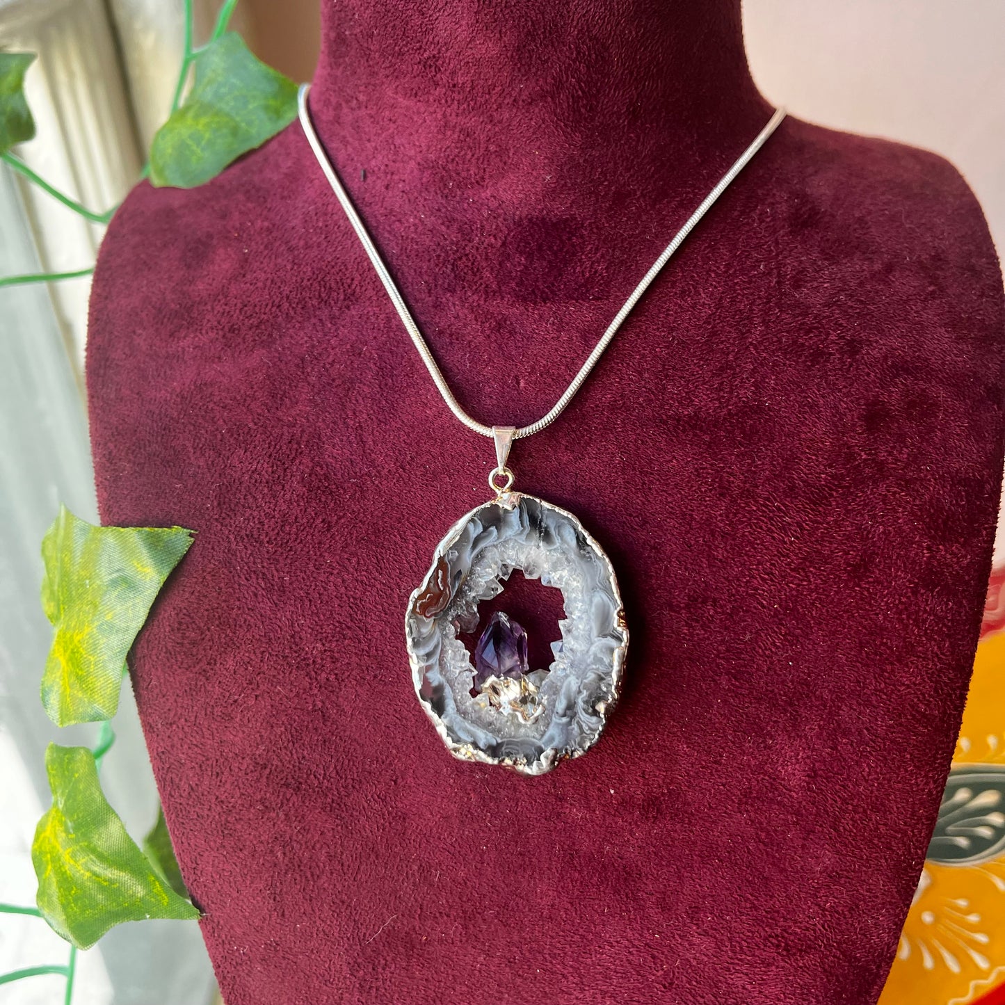 Druzy Agate Slice Sterling Silver Necklace