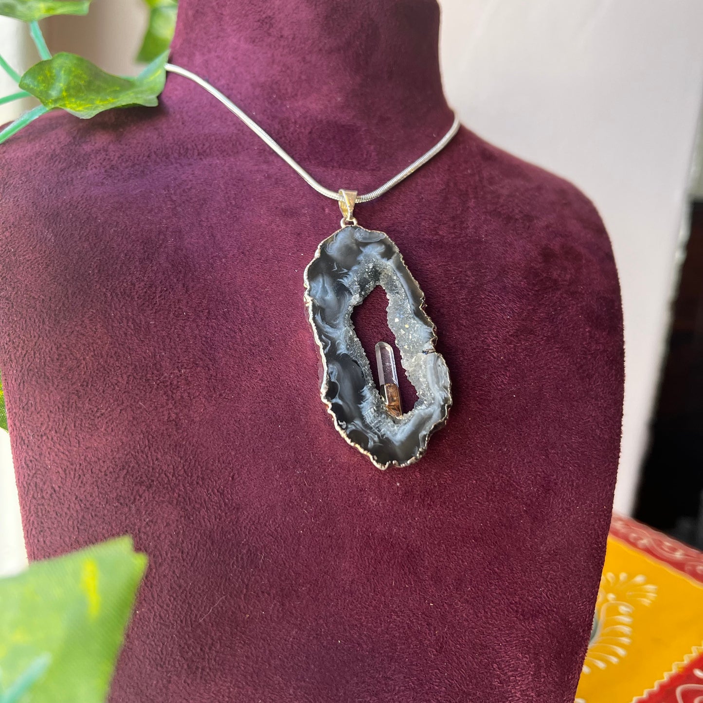 Druzy Agate Slice Sterling Silver Necklace