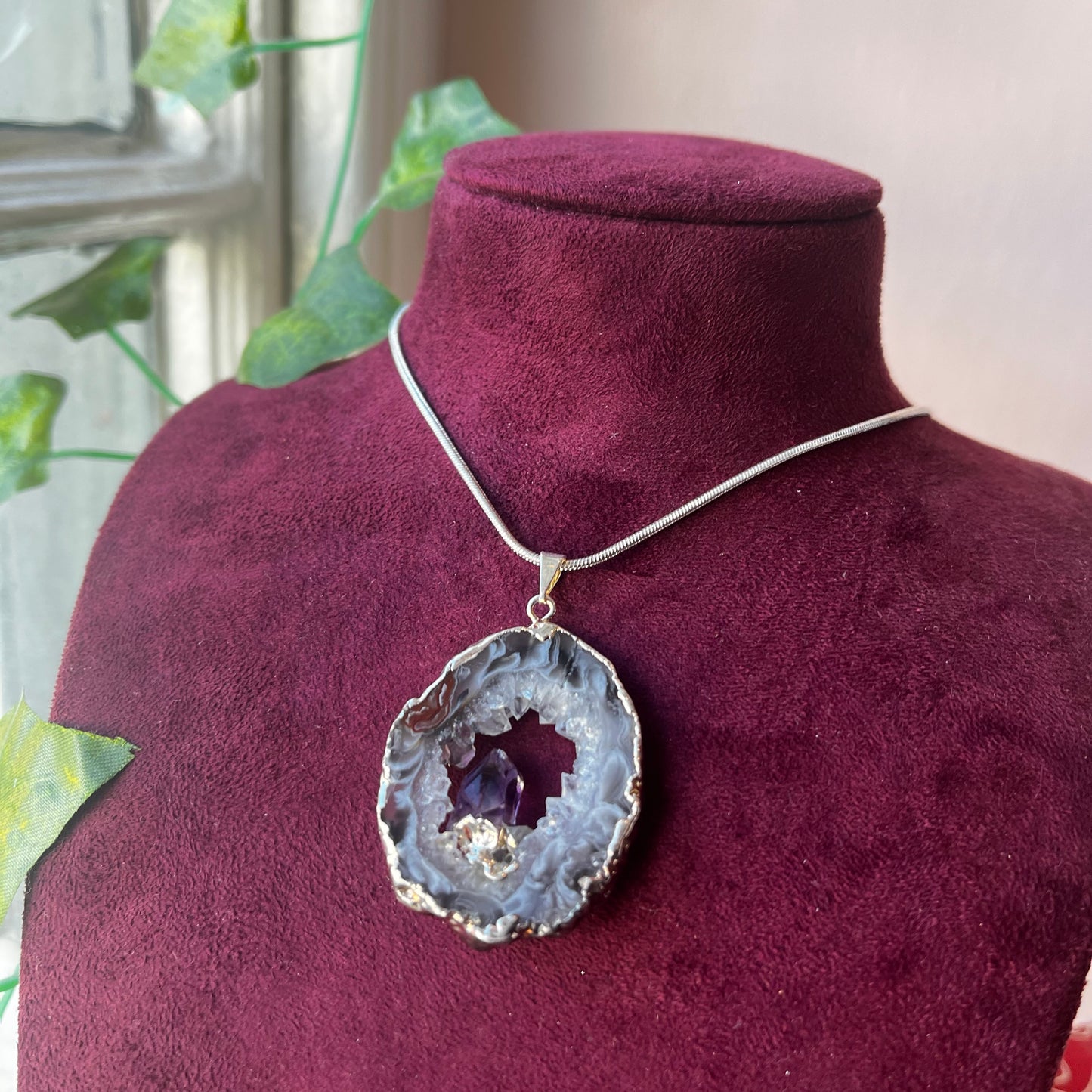 Druzy Agate Slice Sterling Silver Necklace