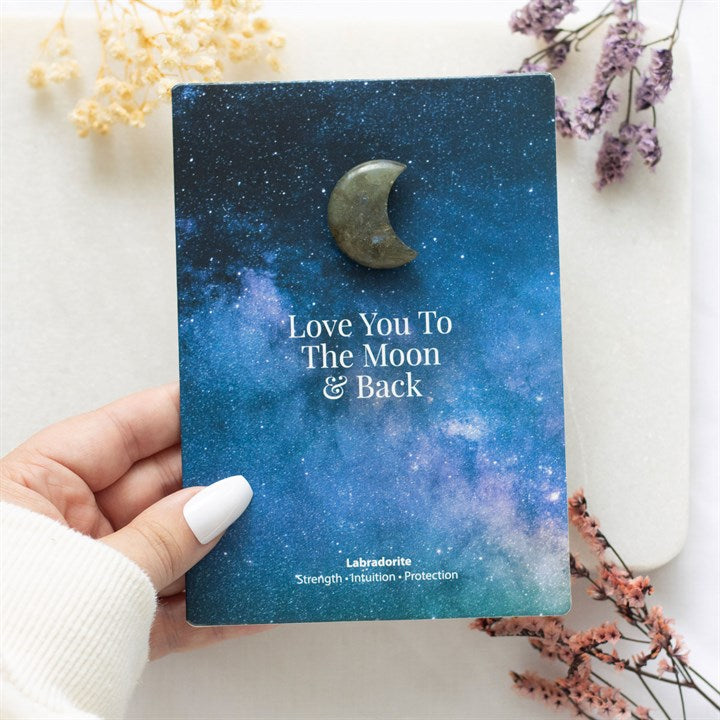 Moon & Back Labradorite Crystal Moon Greetings Card