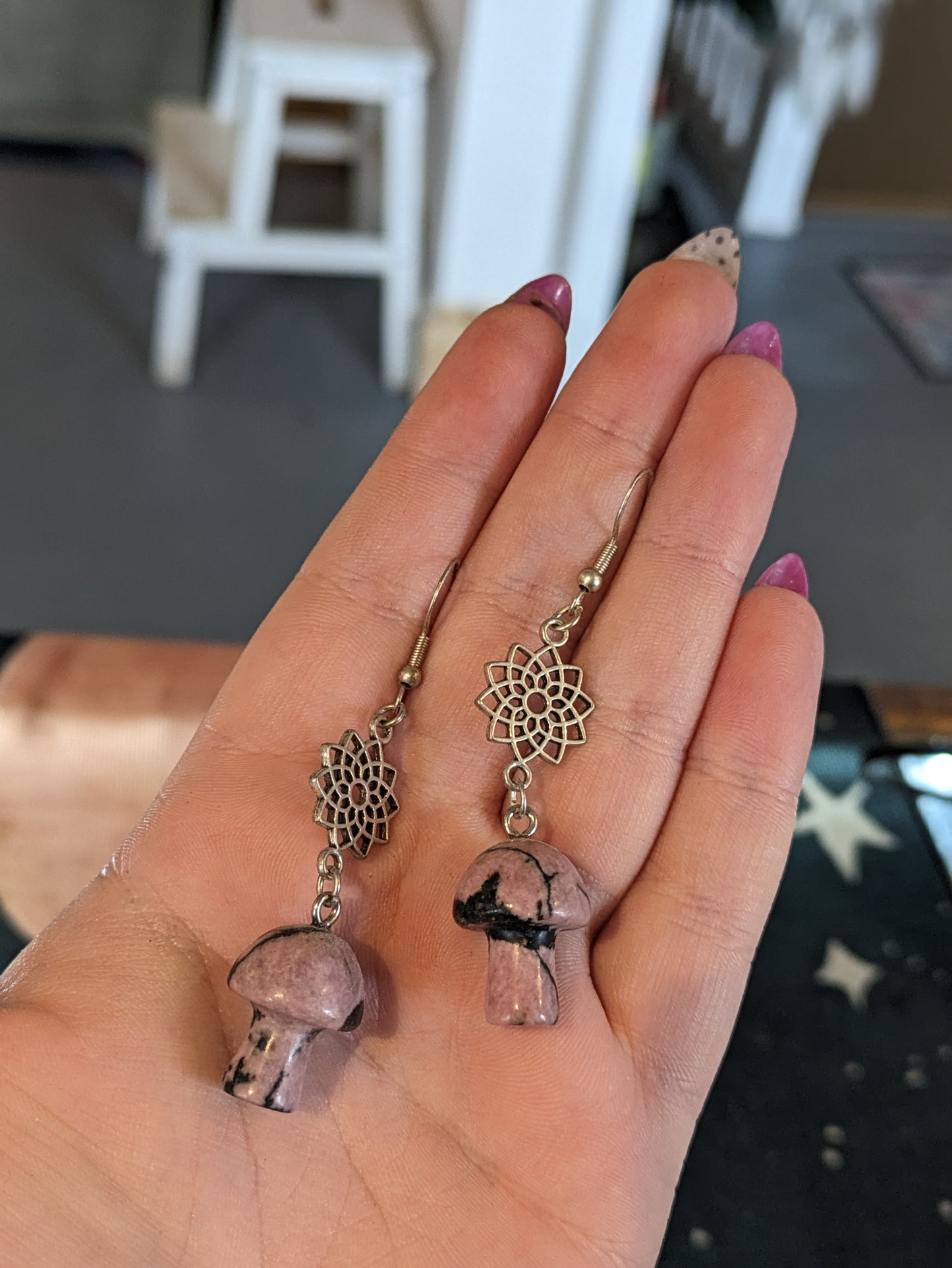 Tegan's Rhodonite Mushroom Earrings (Sterling Silver)