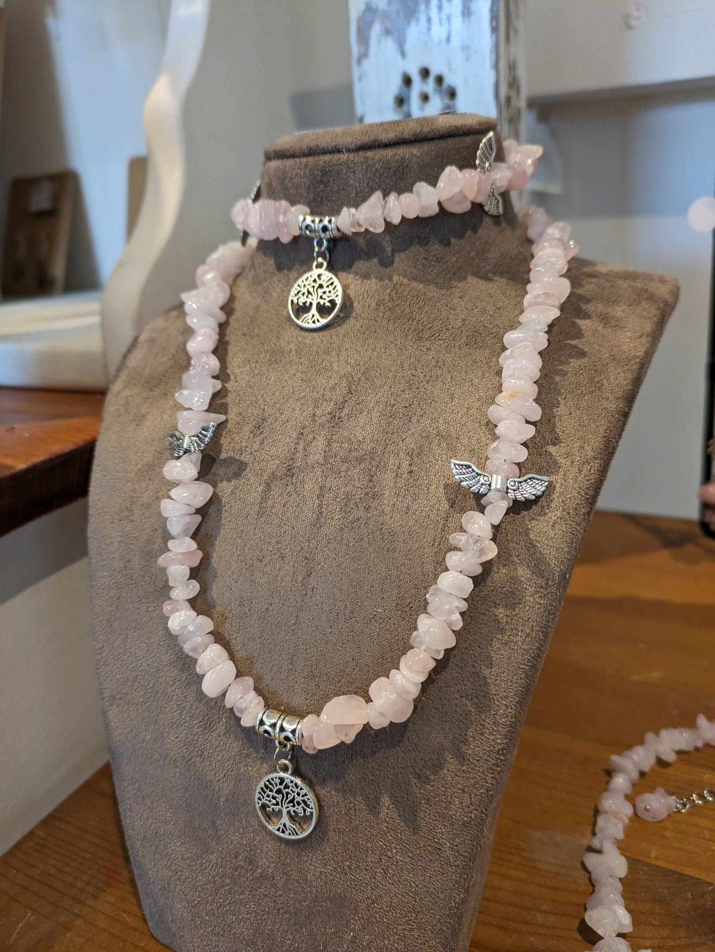 Tegan's Rose Quartz Necklace & Bracelet Set (Tree Of Life)