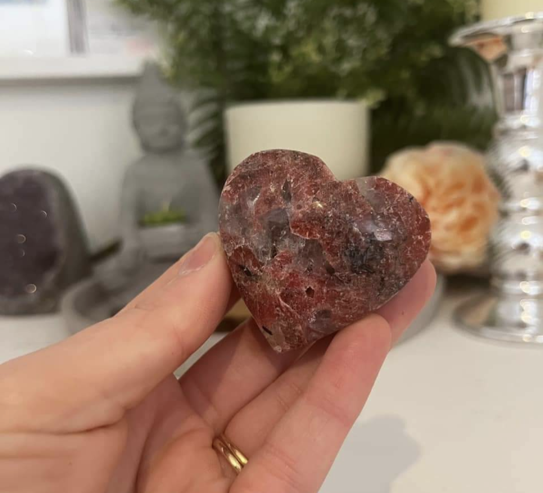 Thulite & Black Tourmaline in Quartz Heart