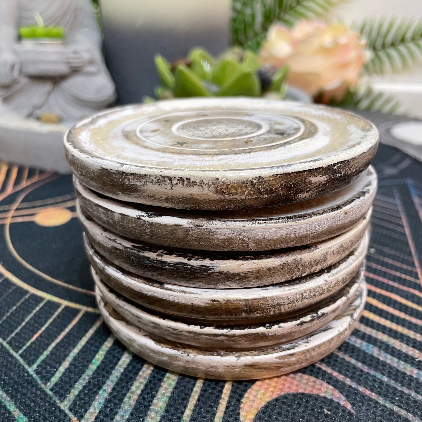 White Washed Mango Wood Incense Holder Disc